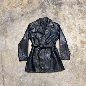 Vintage Black Leather Patchwork Trench Coat With Belt Tie